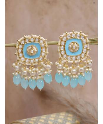 Crunchy Fashion Gold & Turquoise Blue Kundan Square Pearl Drop Dangler Earrings RAE2232