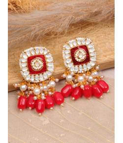 Crunchy Fashion Gold Tone Ethnic Kundan & Red Beads Dangler Earrings RAE2233