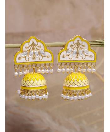 Crunchy Fashion Gold Plated Yellow-White Cloudy Meenakari & Pearl Jhumka Earrings 