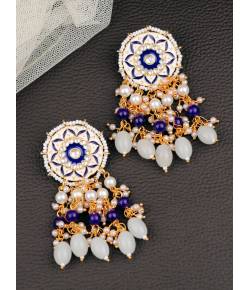 Crunchy Fashion Gold Tone White Blue Pearl Meenakari Earrings RAE2238