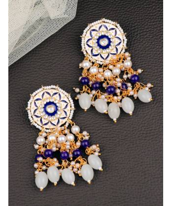 Crunchy Fashion Gold Tone White Blue Pearl Meenakari Earrings RAE2238