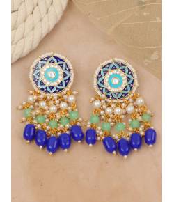 Crunchy Fashion Gold-Tone Blue Green Kundan Meenakari Earrings RAE2239