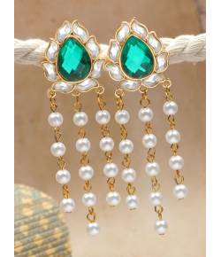 Crunchy Fashion Gold Tone Green Kundan Beads Tassel Drop Earrings RAE2243