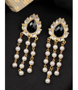 Crunchy Fashion Gold Tone Black Kundan Beads Tassel Drop Earrings RAE2244