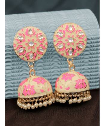 Traditional Pink Meenakari Crystal Work Jhumka Earring
