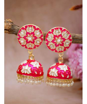 Gold-Plated Pink Meenakari Work Jhumka Earrings 