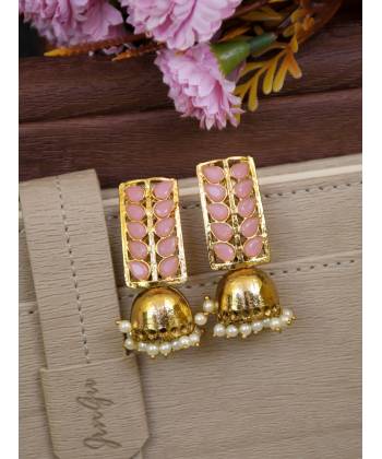 Gold-Plated Pink Stone Leaf Jhumka Earrings 