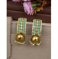 Gold-Plated Sea-Green Stone Leaf Jhumka Earrings 