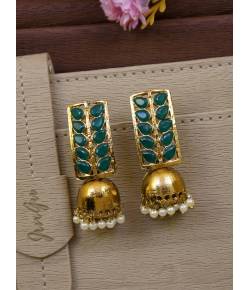 Gold-Plated Green Stone Leaf Jhumka Earrings 
