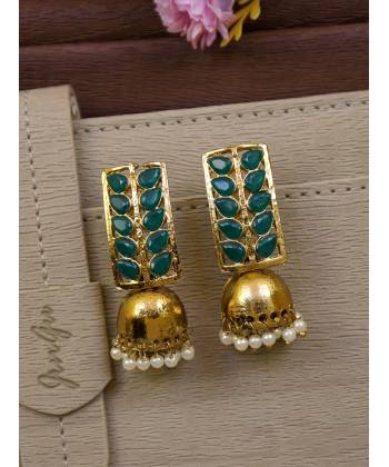 Gold-Plated Green Stone Leaf Jhumka Earrings 