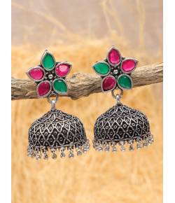 Crunchy Fashion Oxidized Silver Red & Green Floral Jhumka Earrings RAE2262