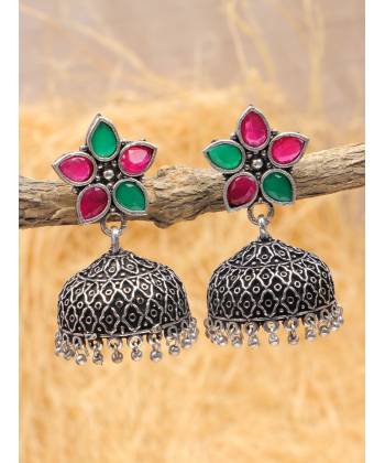 Crunchy Fashion Oxidized Silver Red & Green Floral Jhumka Earrings RAE2262