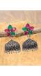 Crunchy Fashion Oxidized Silver Red & Green Floral Jhumka Earrings RAE2262