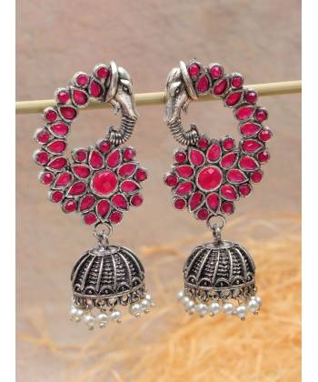 Crunchy Fashion Oxidized Silver Pink Stone Elephant Style Jhumka Earrings RAE2264
