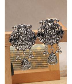 Crunchy Fashion Oxidized Silver Traditional Stone Goddess Laxmi Jhumki Earrings RAE2268
