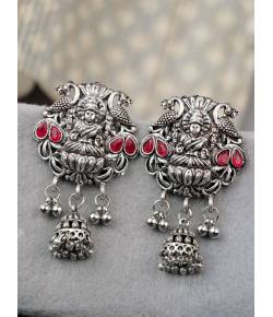 Crunchy Fashion Lakshmi Matte Antique Oxidized Silver Big Jhumka Earrings RAE2269
