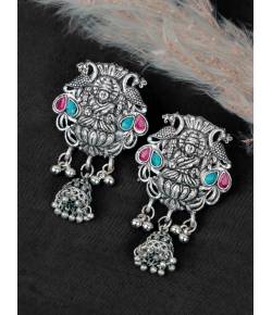 Crunchy Fashion Oxidized Silver Traditional Multicolor Stone Goddess Laxmi Jhumki Earrings RAE2270