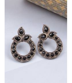 Crunchy Fashion Oxidized Silver Pota Black Pota Stone Dangler Earrings RAE2271