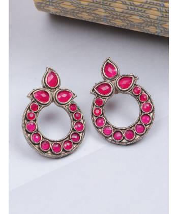 Crunchy Fashion Oxidized Silver Pota Pink Pota Stone Dangler Earrings RAE2272