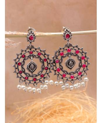 Crunchy Fashion Oxidized Silver Tone Contemprorary Red Stone Dangler Earrings RAE2274
