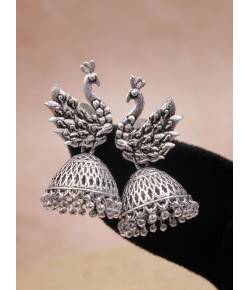 Crunchy Fashion Oxidized Silver Twirling Peacock Jhumka Earrings RAE2281