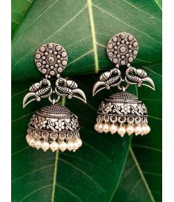 Ethnic Oxidised Silver Peacock Jhumka Earrings for Women/Girls