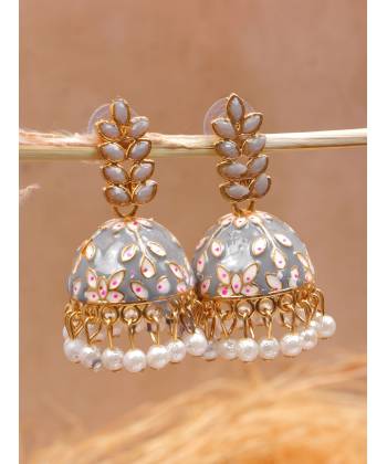 Gold-Plated Leaf Meenakari Jhumka Grey Stone Earrings RAE2293