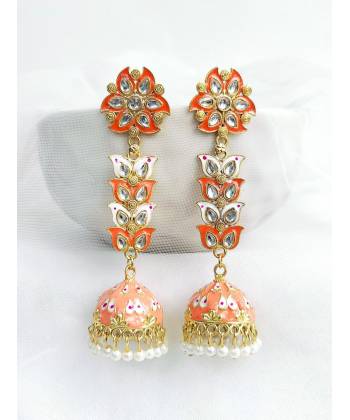 Party Ready Peach Meenakari Jhumka Earrings for Women