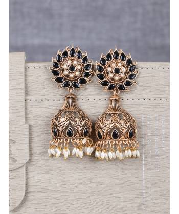 Crunchy Fashion Oxidised Gold Plating Embellishments Black Stonel Jumka Earring RAE2300