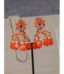 Crunchy Fashion Gold-Tone Lotus Motif Faux Orange Pearls Earrings RAE2304