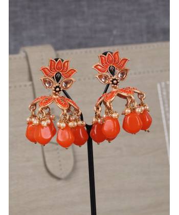 Crunchy Fashion Gold-Tone Lotus Motif Faux Orange Pearls Earrings RAE2304