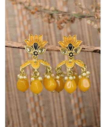 Crunchy Fashion Gold-Tone Lotus Motif Faux Yellow  Pearls Earrings RAE2305