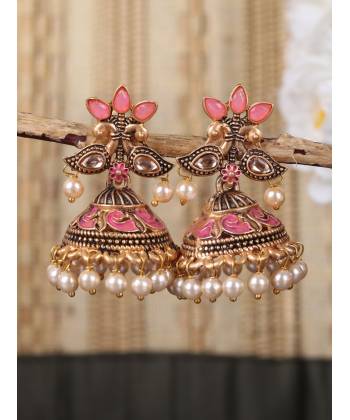 Crunchy Fashion Gold-Tone Pink Dual Peacock  Pearl & Stone Jhumka Earrings RAE2307
