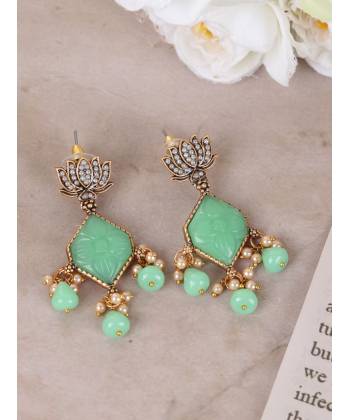 Crunchy Fashion Gold-Tone Lotus Sea-Green Studs Semi-Precious Stone Pearls Earrings RAE2312