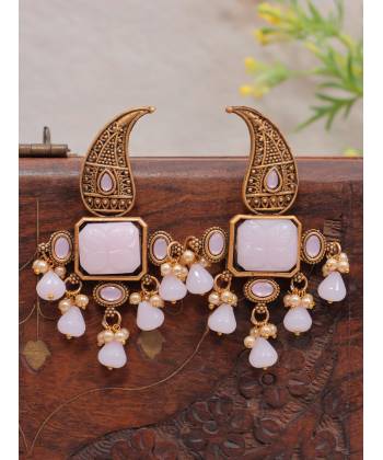 Crunchy Fashion White Oxidised Gold Tone Paisley-Shaped Drop Earrings RAE2315