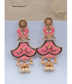 Crunchy Fashion Gold-Tone Tribal Dual Pink Peacock  Long Dangler Earrings RAE2316