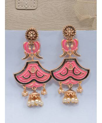 Crunchy Fashion Gold-Tone Tribal Dual Pink Peacock  Long Dangler Earrings RAE2316