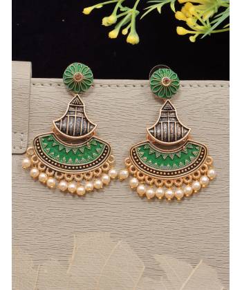 Crunchy Fashion Gold-Finish Green Dangler Pearl Earrings RAE2318