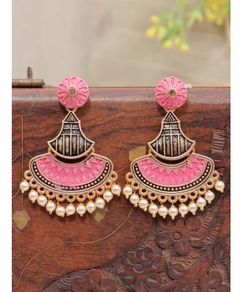 Crunchy Fashion Gold-Finish Pink Dangler Pearl Earrings RAE2319