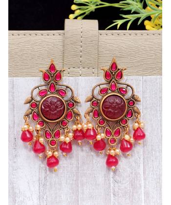 Crunchy Fashion Gold-Tone Women Antique Elegance Royal Pink Stone Pearl Drop Earrings RAE2320