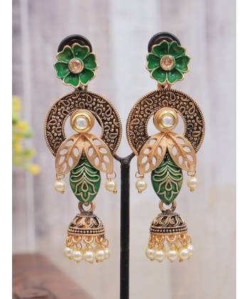Crunchy Fashion Ethnic Gold-Tone Green Flower Jumka Earrings For Women RAE2322