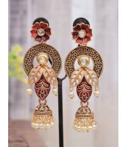 Crunchy Fashion Ethnic Gold-Tone Maroon Flower Jumka Earrings For Women 