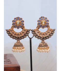 Crunchy Fashion Gold-Tone Blue Stone Leaf Style Jhumka Earrings RAE2324