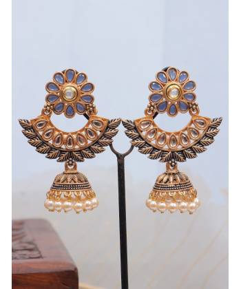 Crunchy Fashion Gold-Tone Blue Stone Leaf Style Jhumka Earrings RAE2324