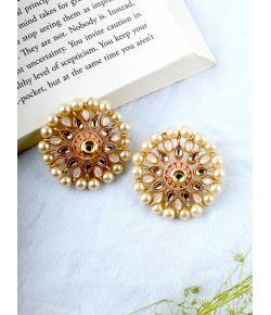 Gold-Plated Red Crystal and Pearl Stud Earrings for Women/Girl's