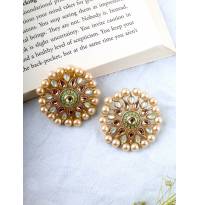 Gold-Plated Green Crystal and Pearl Stud Earrings for Women/Girl's