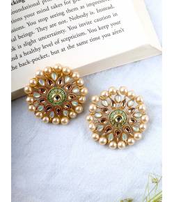 Gold-Plated Green Crystal and Pearl Stud Earrings for Women/Girl's