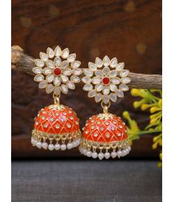 Gold-Plated Red Meenakari Jhumka Earrings with Crystal Work
