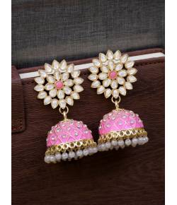 Gold-Plated Pink Meenakari Jhumka Earrings with Crystal Work