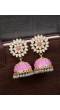 Gold-Plated Pink Meenakari Jhumka Earrings with Crystal Work